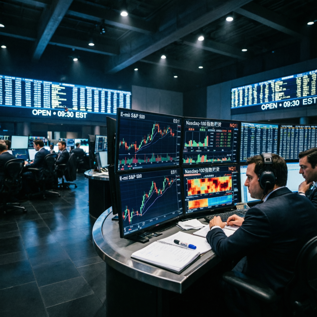 Professional futures trading floor with E-mini S&P 500 and Nasdaq charts