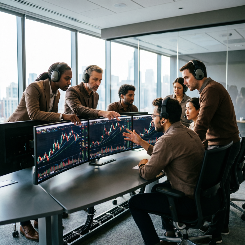 Professional prop trading team collaborating on trading strategies