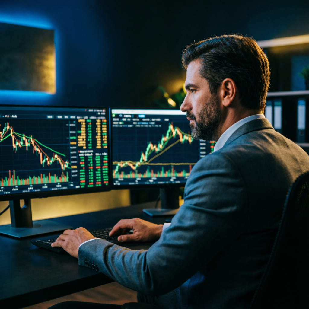 Professional forex trader analyzing prop firm challenge charts