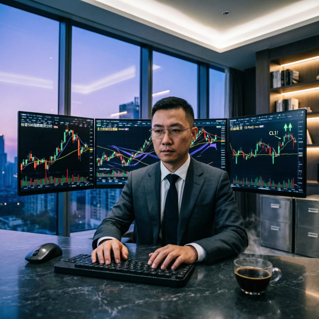 Professional Trader at Multi-Monitor Setup Managing Apex Accounts