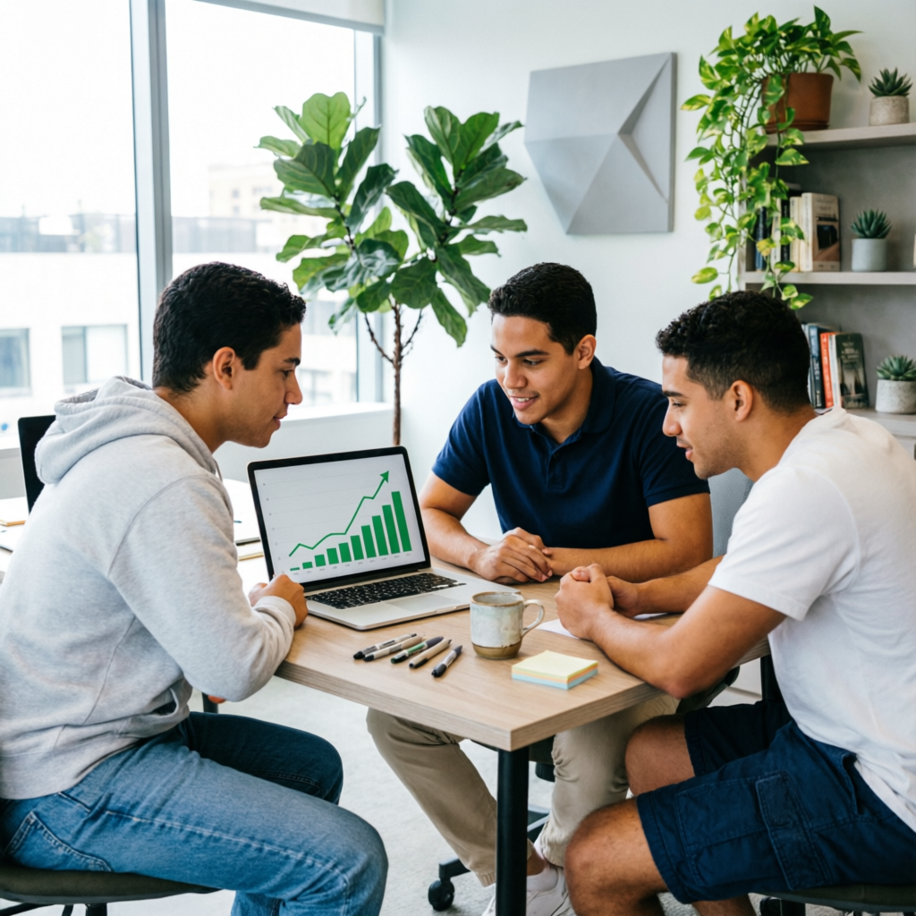 Equipe de agência digital analisando gráfico de crescimento no notebook