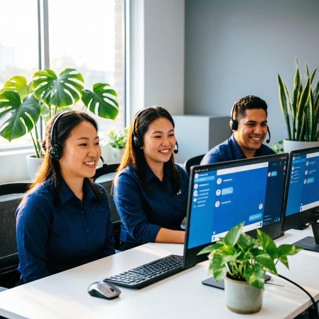 Time de atendimento Talkin CRM trabalhando junto no painel, com headsets e sorrindo