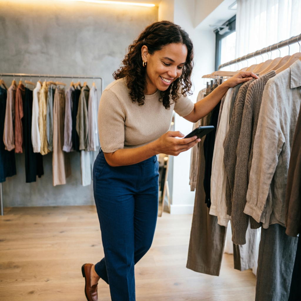 Dona de boutique de roupas vendendo pelo celular enquanto organiza a loja