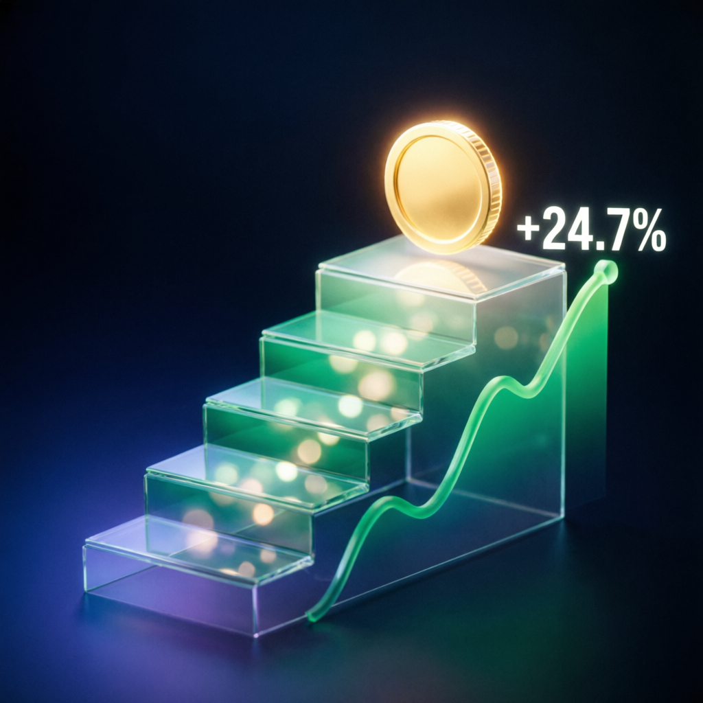 Capital growth visualization with ascending green chart and glass panels
