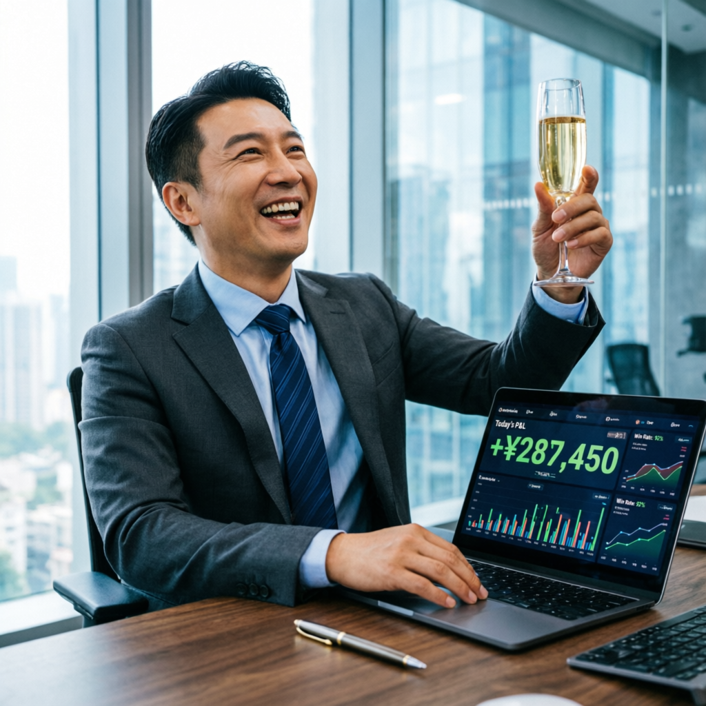 Professional trader celebrating successful payout with profit dashboard