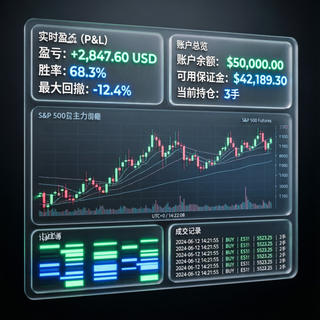 Topstep trading dashboard showing P&L metrics and S&P 500 futures chart