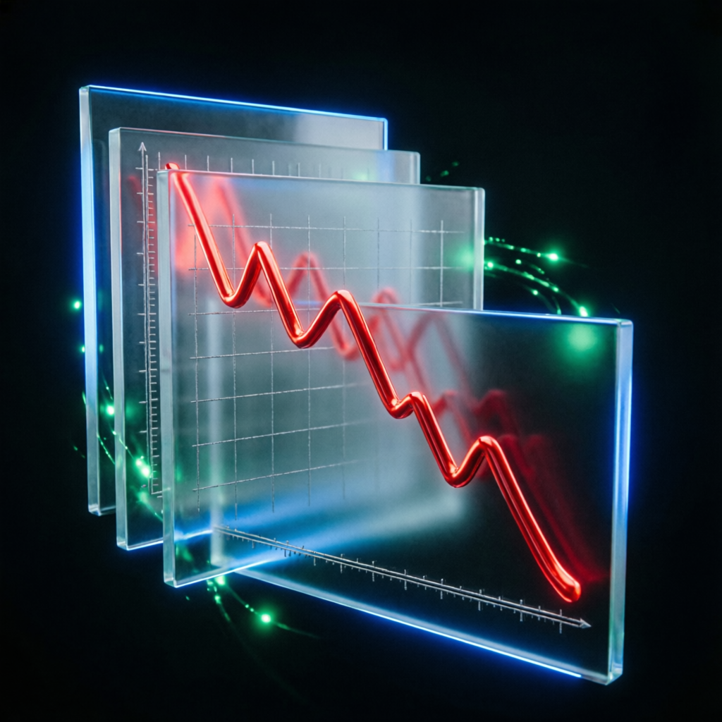 3D visualization of trading drawdown with descending red line graph