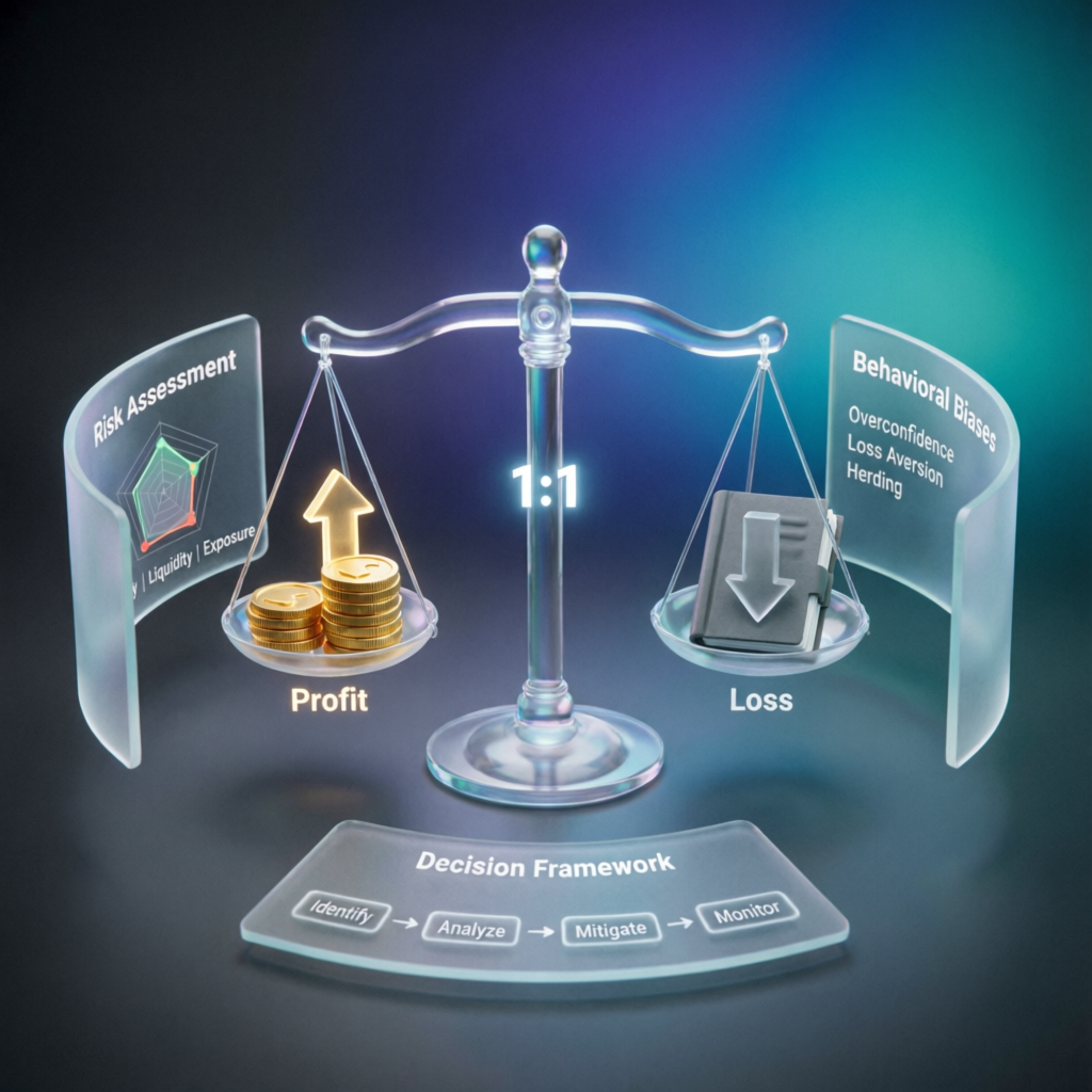 Risk management visualization with balance scale showing profit and loss