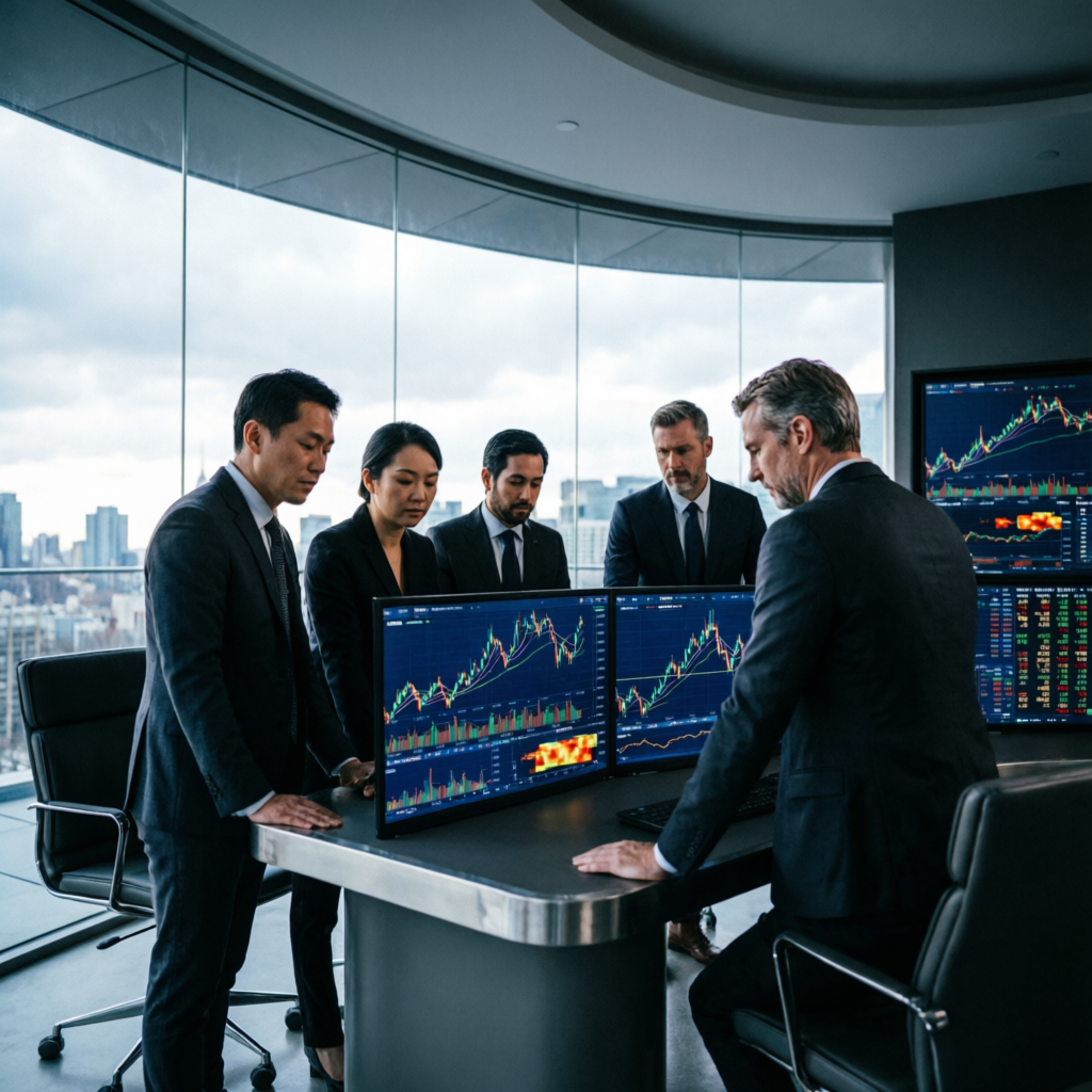 Professional prop firm trading team analyzing charts
