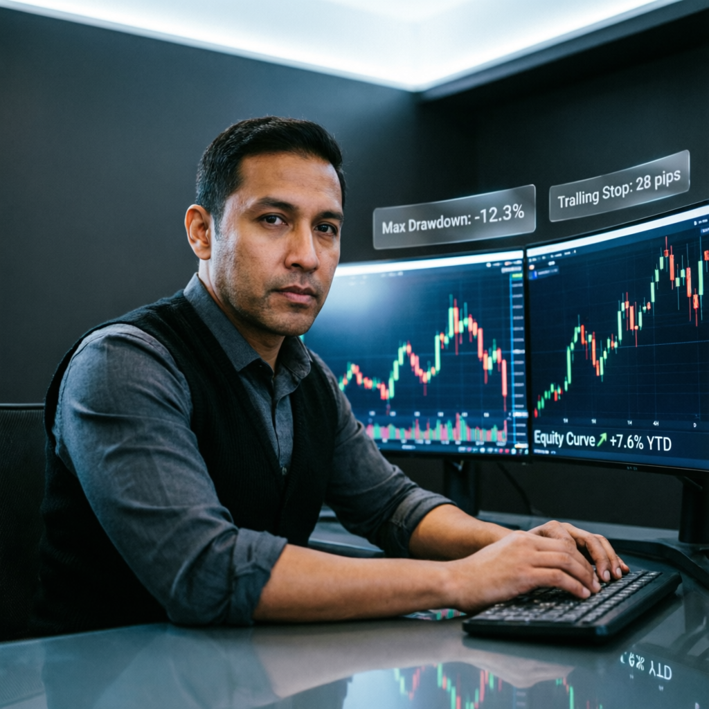 Professional forex trader analyzing drawdown metrics on multiple screens