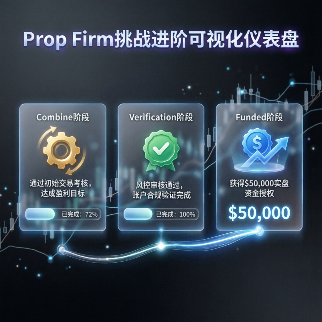 Prop firm challenge progression showing Combine, Verification, and Funded stages