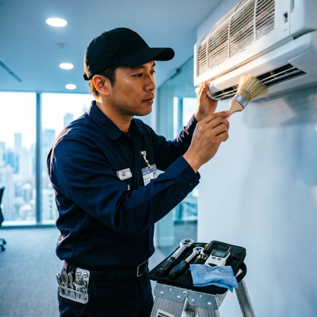 Técnico realizando mantención preventiva de equipo de aire acondicionado en un edificio