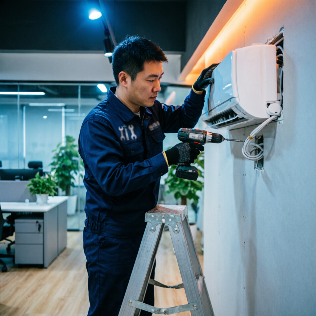 Técnico certificado instalando un equipo split en oficina corporativa