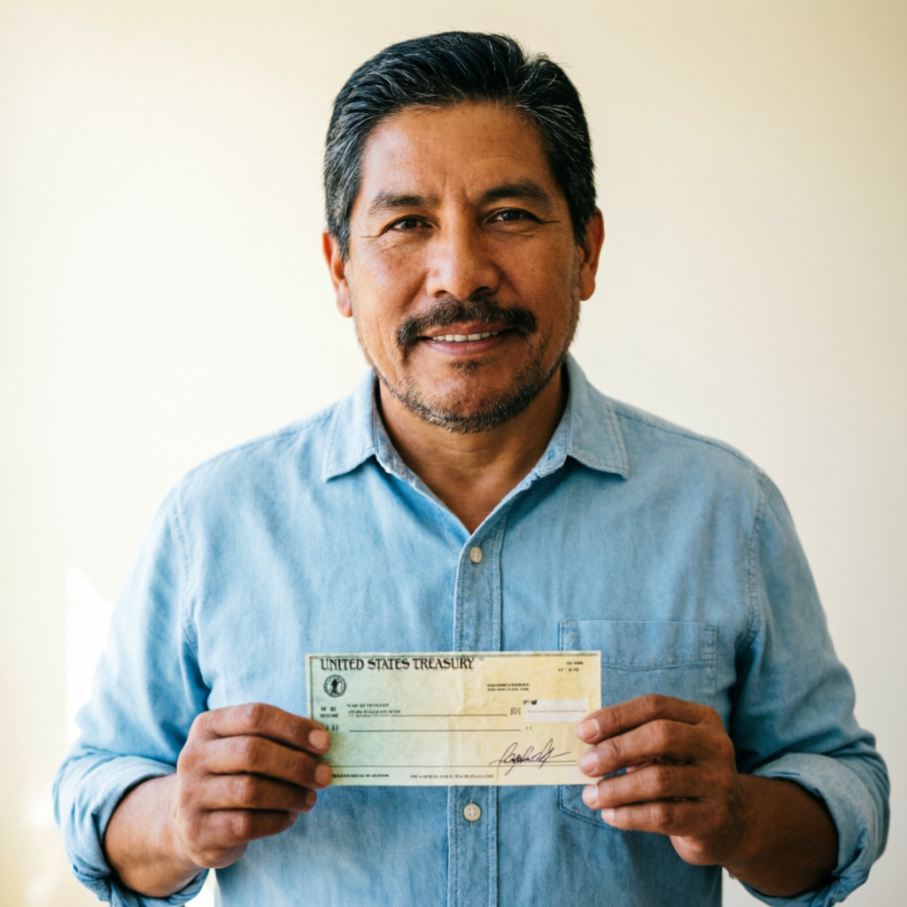 Migrante mexicano sosteniendo con confianza su cheque americano de devolución de impuestos
