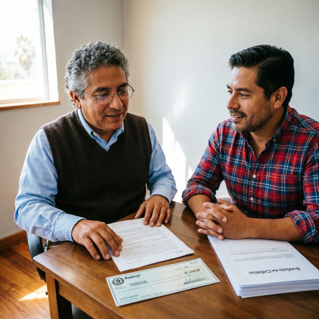 Asesor explicando con calma el proceso de cambio de cheque a un migrante mexicano