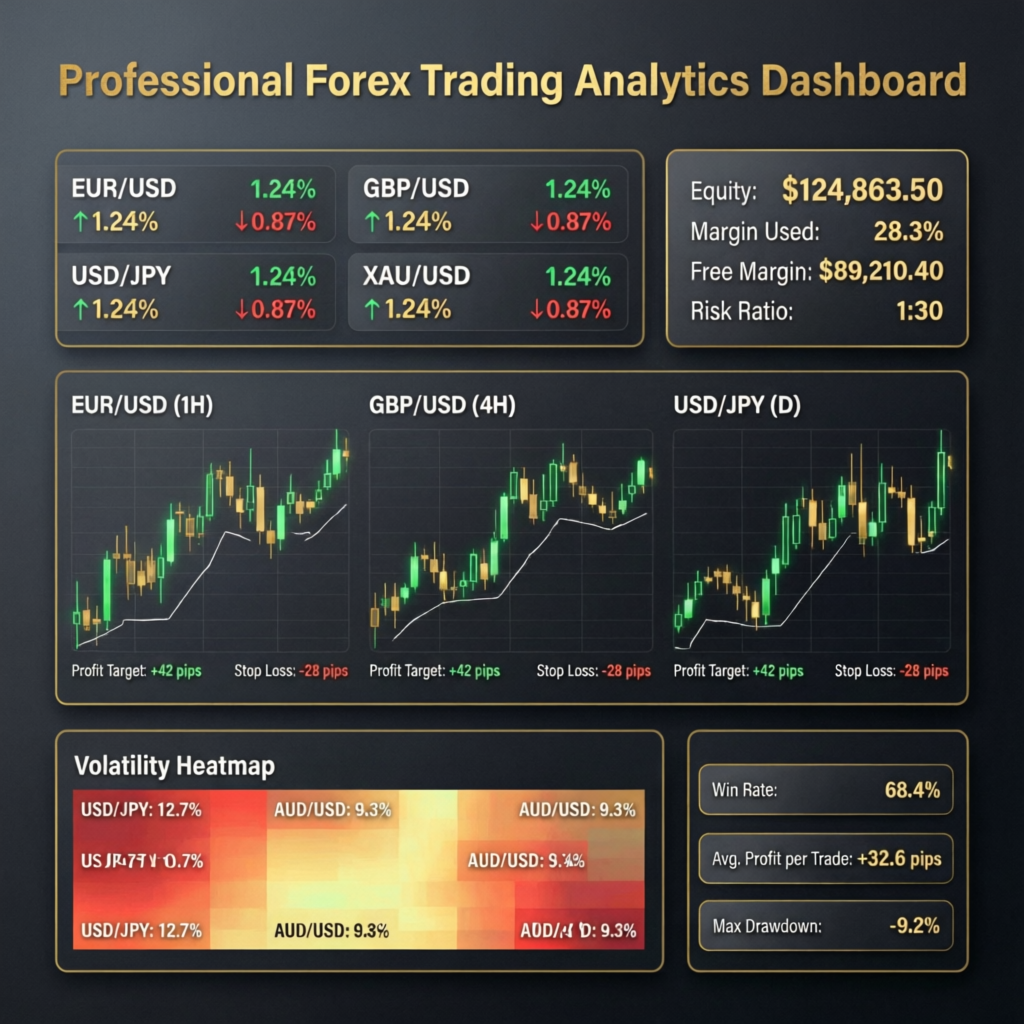 Professional forex trading analytics dashboard with risk management metrics