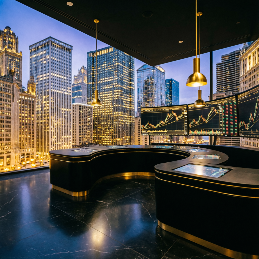Topstep Chicago trading floor with futures charts and premium trading environment