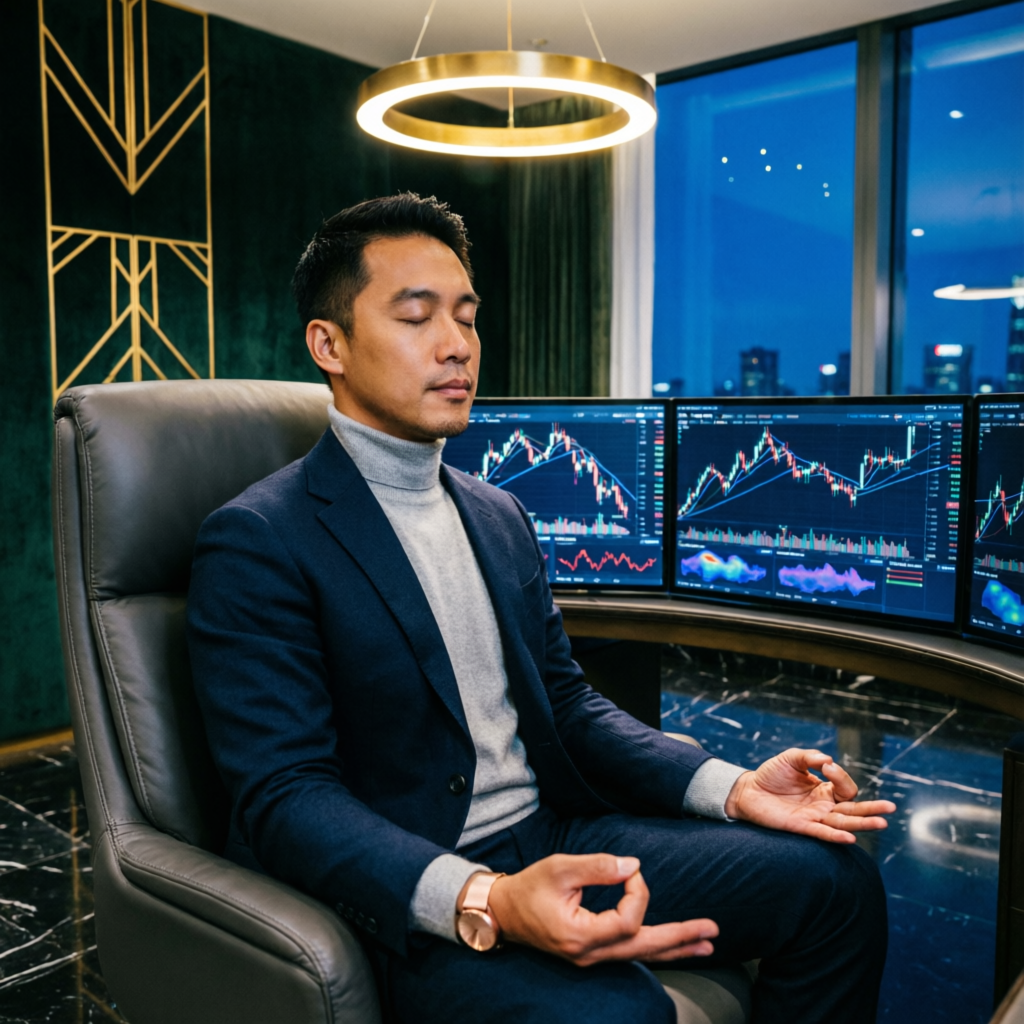 Trader practicing trading psychology and meditation in front of trading screens