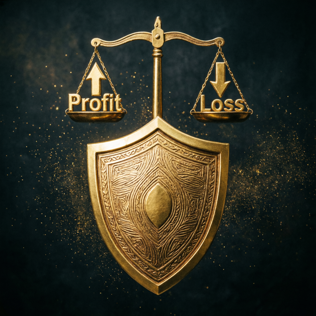 Golden shield protecting trading capital with profit and loss balance scale