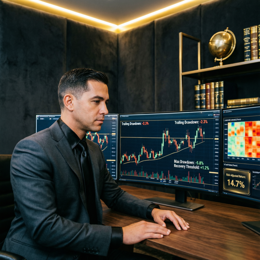 Trader analyzing trailing drawdown chart on multiple monitors