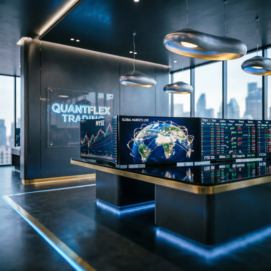 Modern prop trading firm office with multiple trading screens