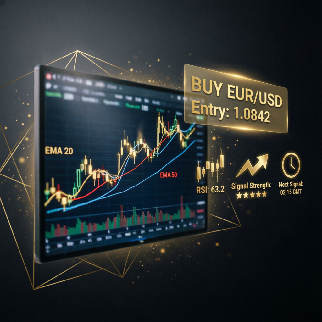 Forex trading strategy concept showing EMA indicators and buy signals for EUR/USD - Professional trading analysis