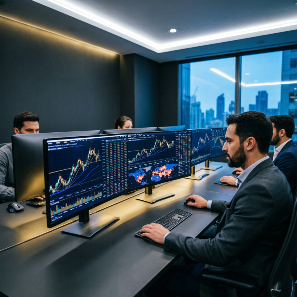 Professional forex trading team working on multiple monitors in modern office with trading charts displayed