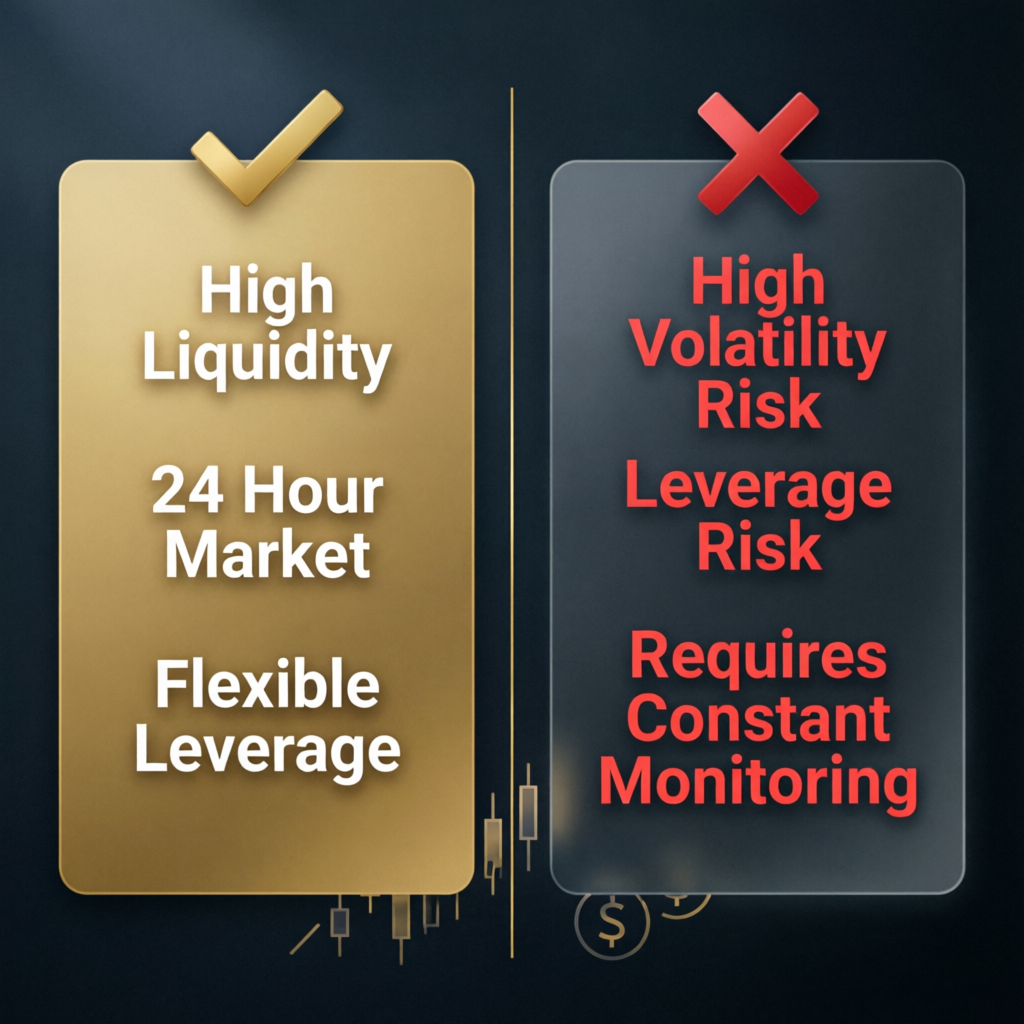 Comparison of forex trading advantages and disadvantages showing high liquidity, 24 hour market, flexible leverage versus high volatility risk, leverage risk, and constant monitoring requirements