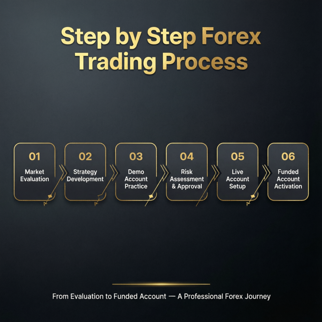 Step by step forex trading process flowchart showing market evaluation, strategy development, demo practice, risk assessment, live account setup, and funded account activation
