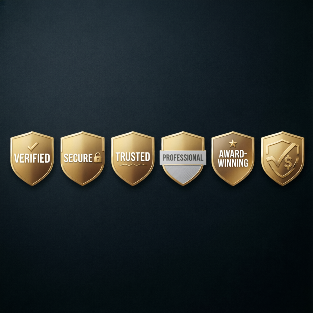 Professional trust badges showing verified, secure, trusted, professional, award-winning shields for financial services