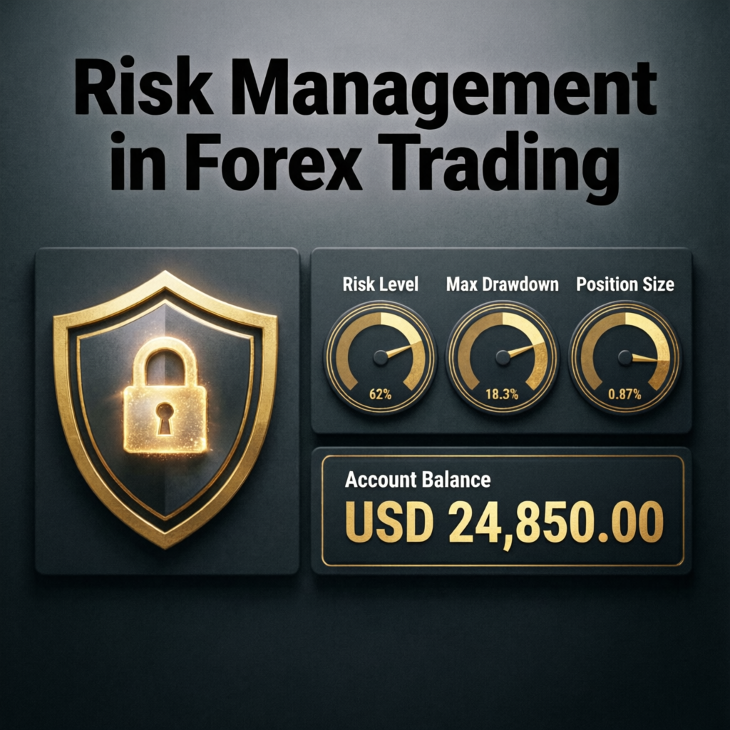 Risk management in forex trading with shield, gauges showing risk level, max drawdown and position size