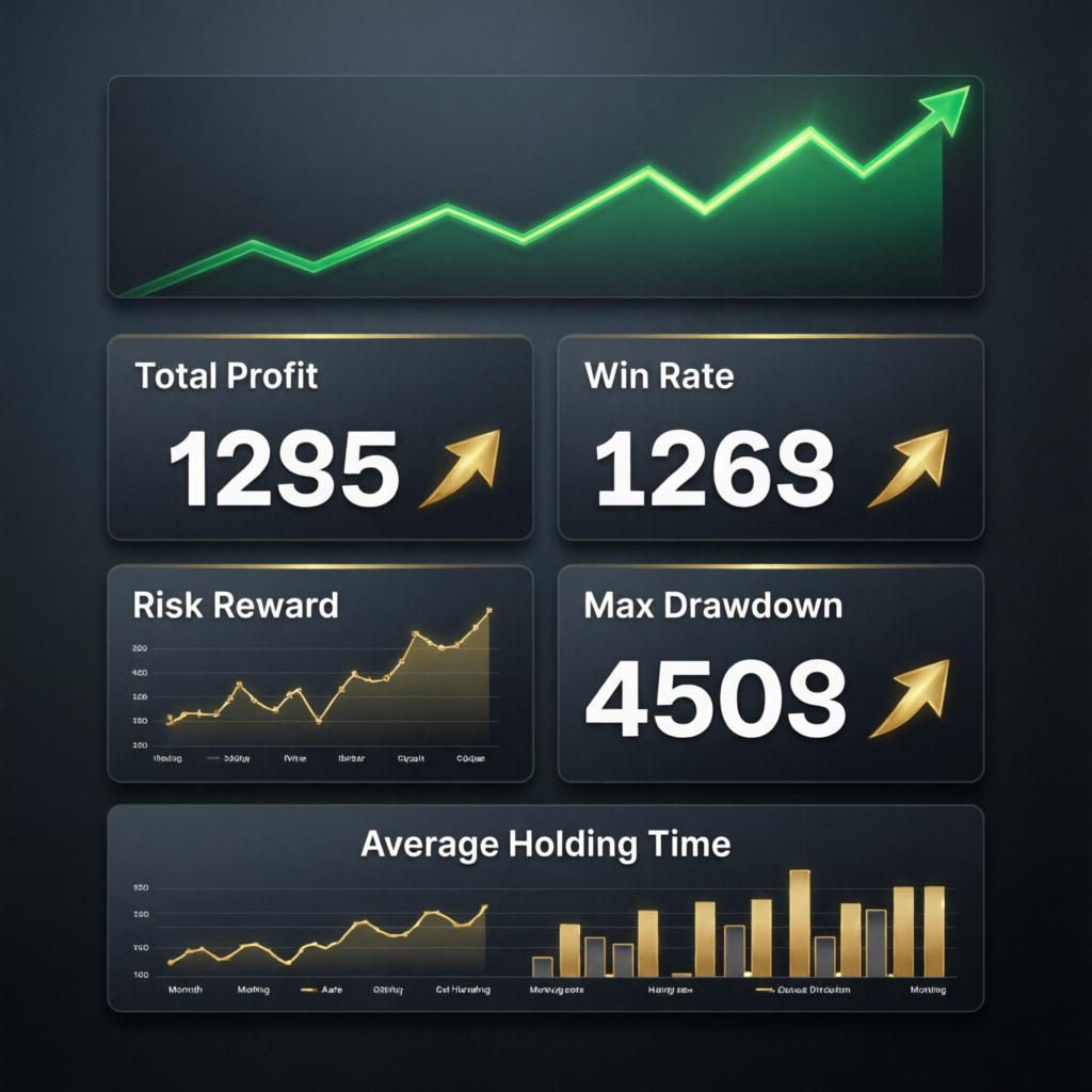 Forex trading results dashboard showing total profit, win rate, risk reward, max drawdown and average holding time metrics