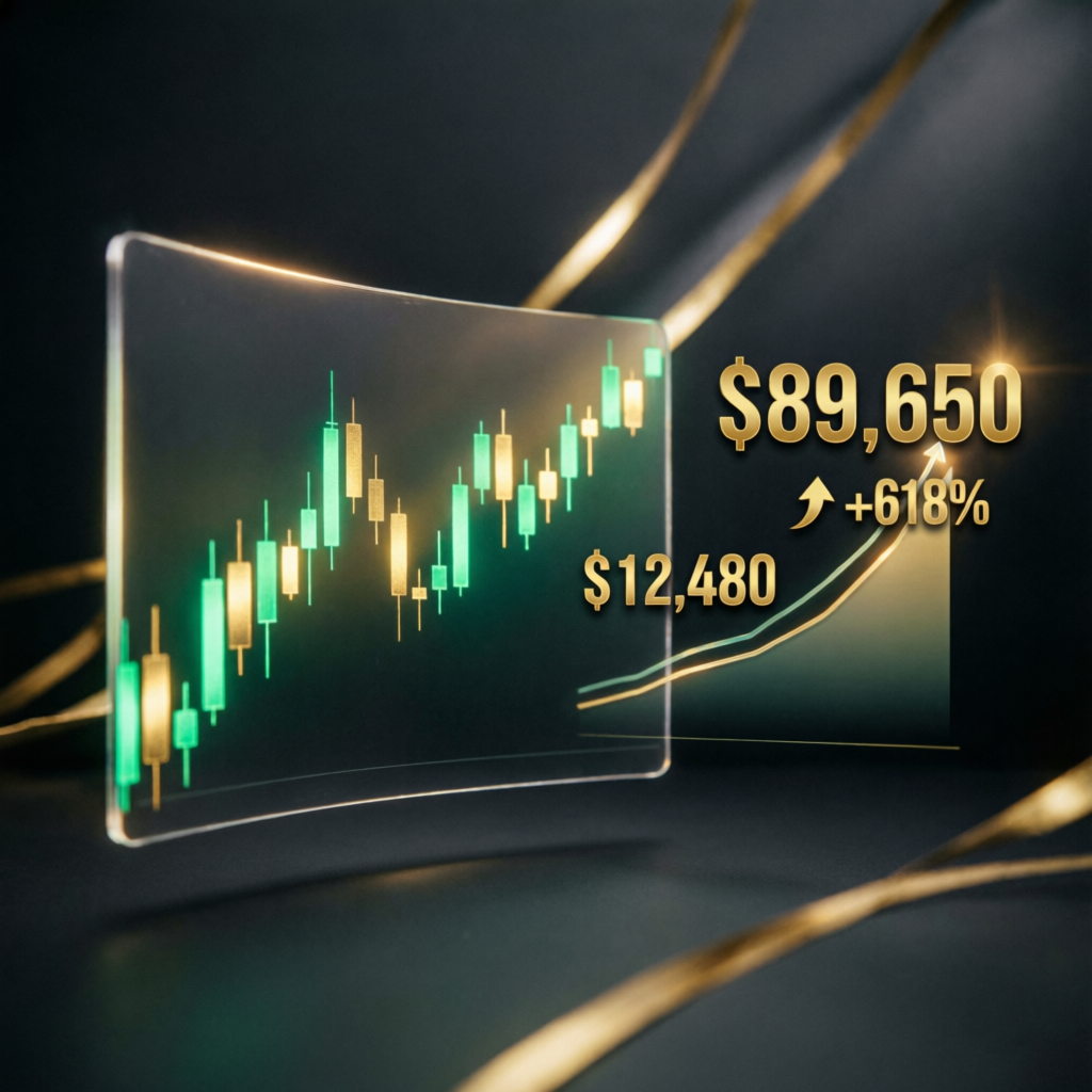 Account growth visualization showing +618% growth from $12,480 to $89,650 through professional fund management