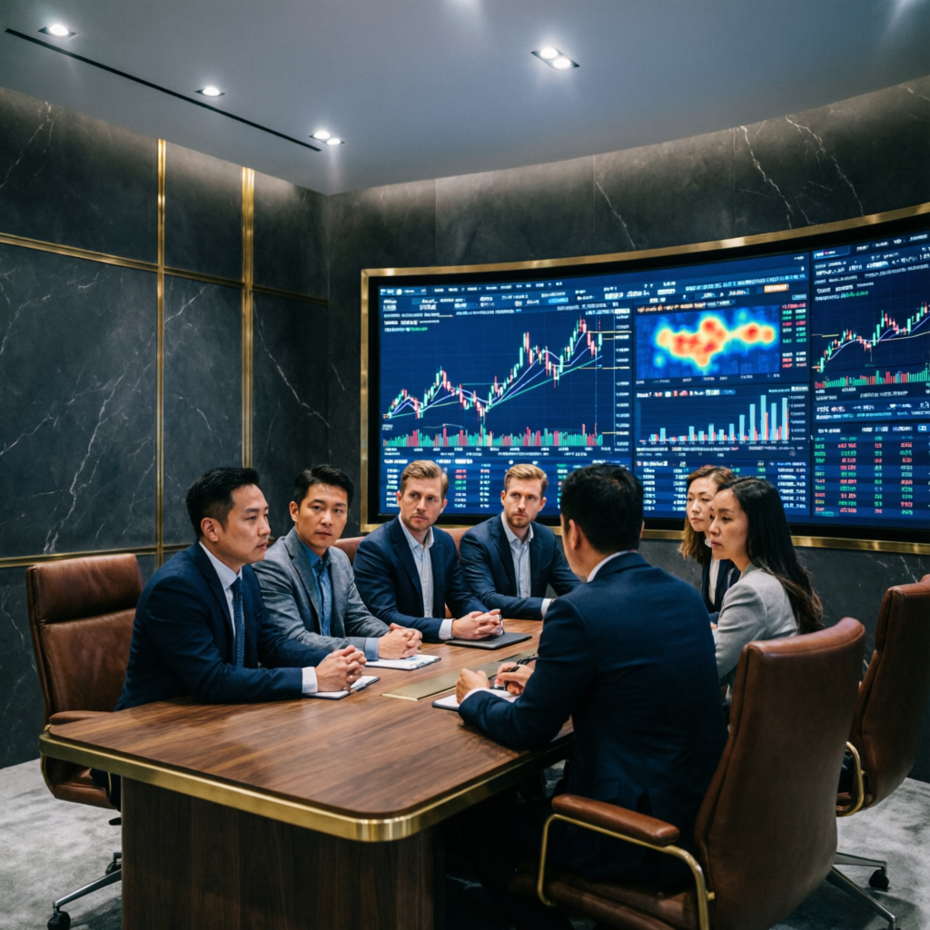 Professional financial trading team meeting in modern office analyzing market data on large screens