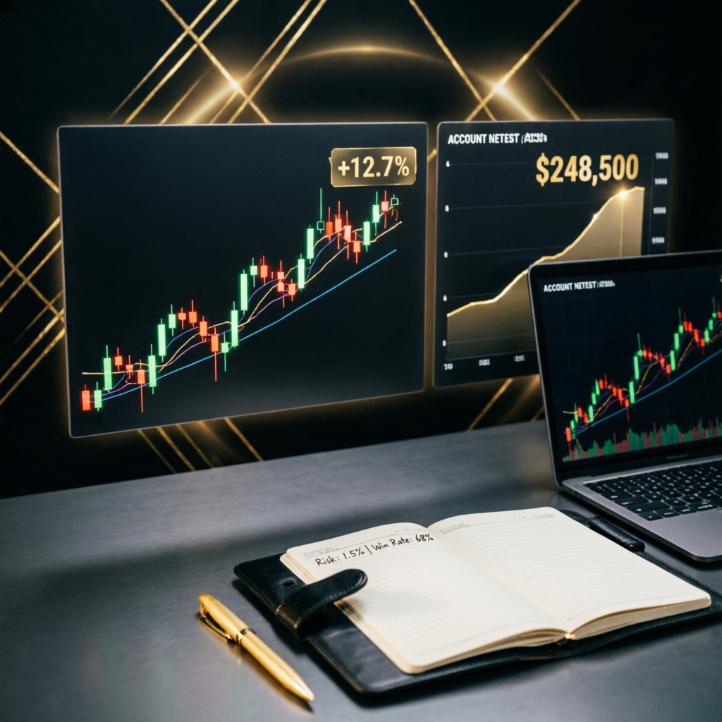 Professional trading workspace with multiple screens showing candlestick charts, account balance, and trading analysis