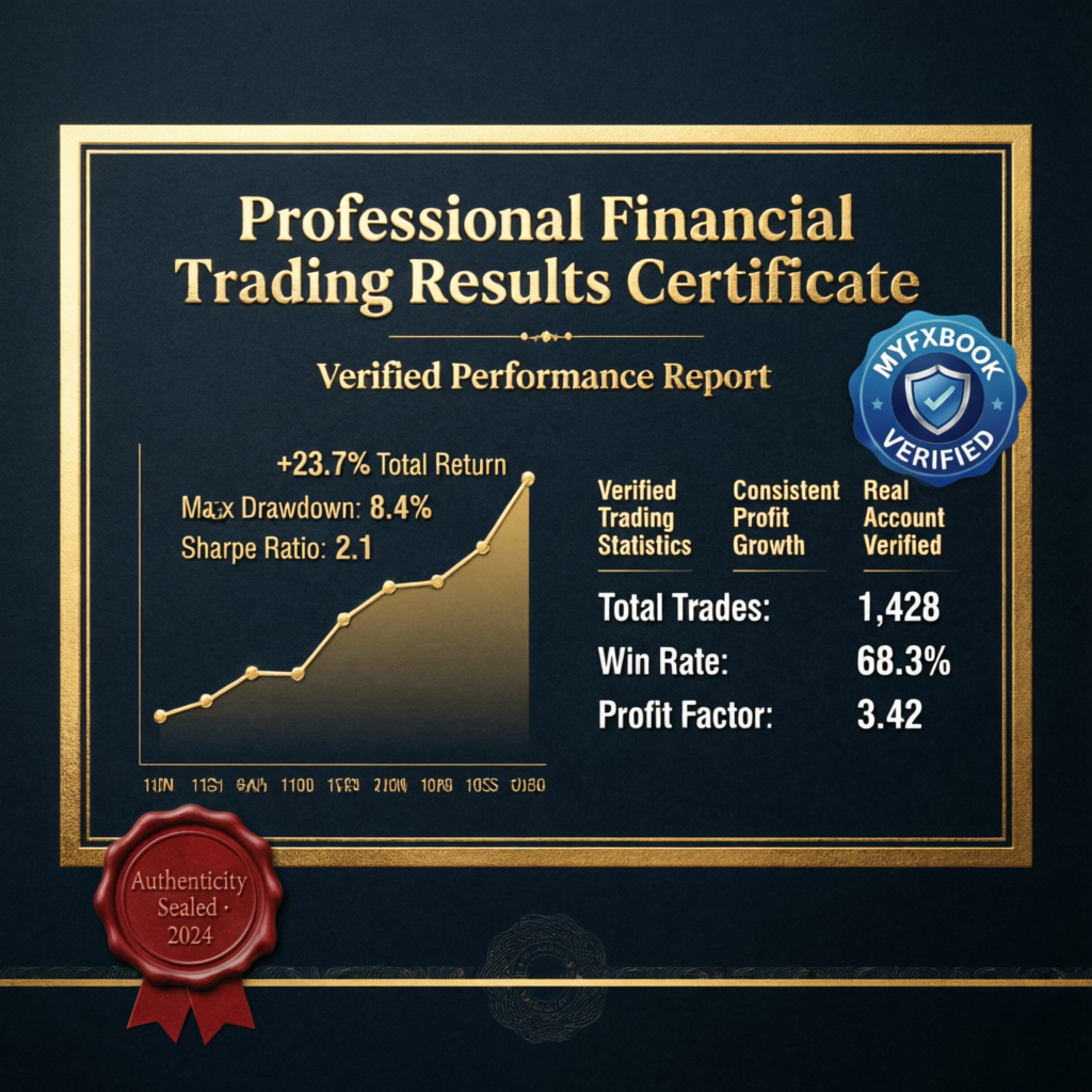Professional Financial Trading Results Certificate showing verified performance report with +23.7% total return and 68.3% win rate