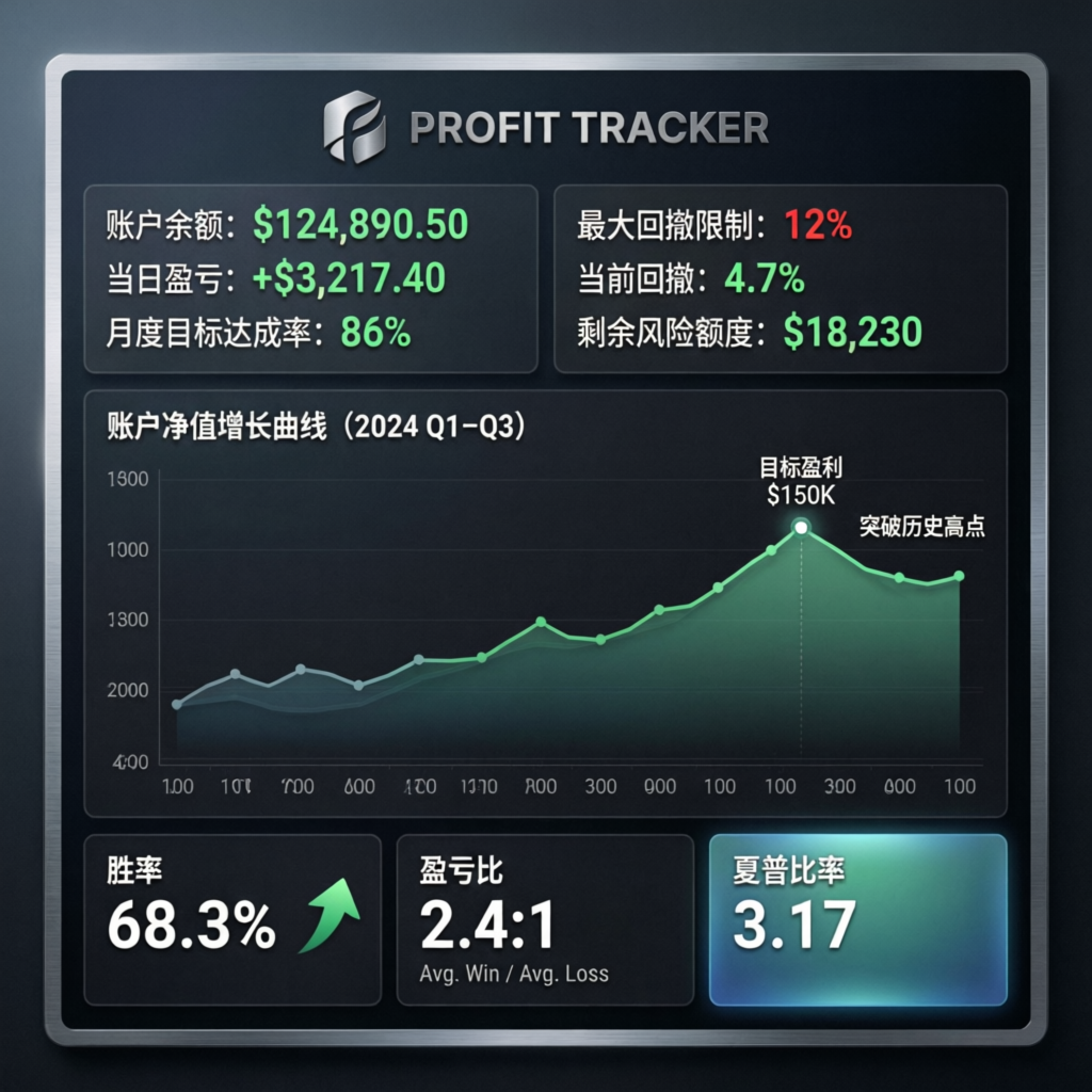 PFM Capitals Profit Tracker Dashboard showing account balance, drawdown limits, and performance metrics for prop firm challenge management