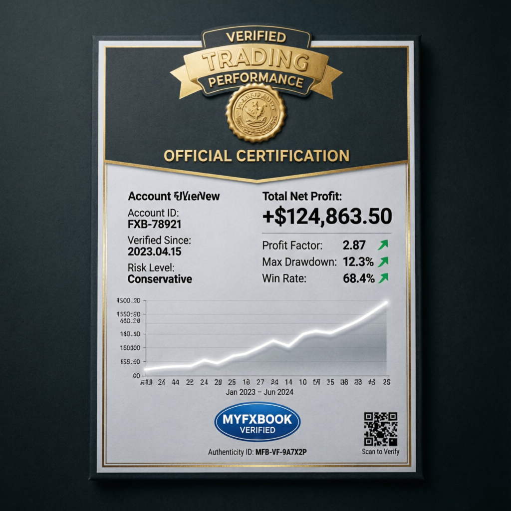 Verified Trading Performance Official Certification showing $124,863.50 total net profit with 68.4% win rate