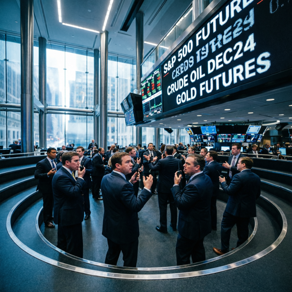 Futures trading pit with professional traders in suits