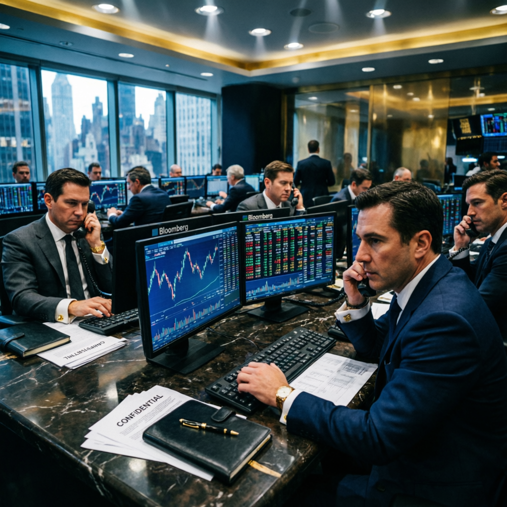 Professional Wall Street trading floor with Bloomberg terminals and financial analysts