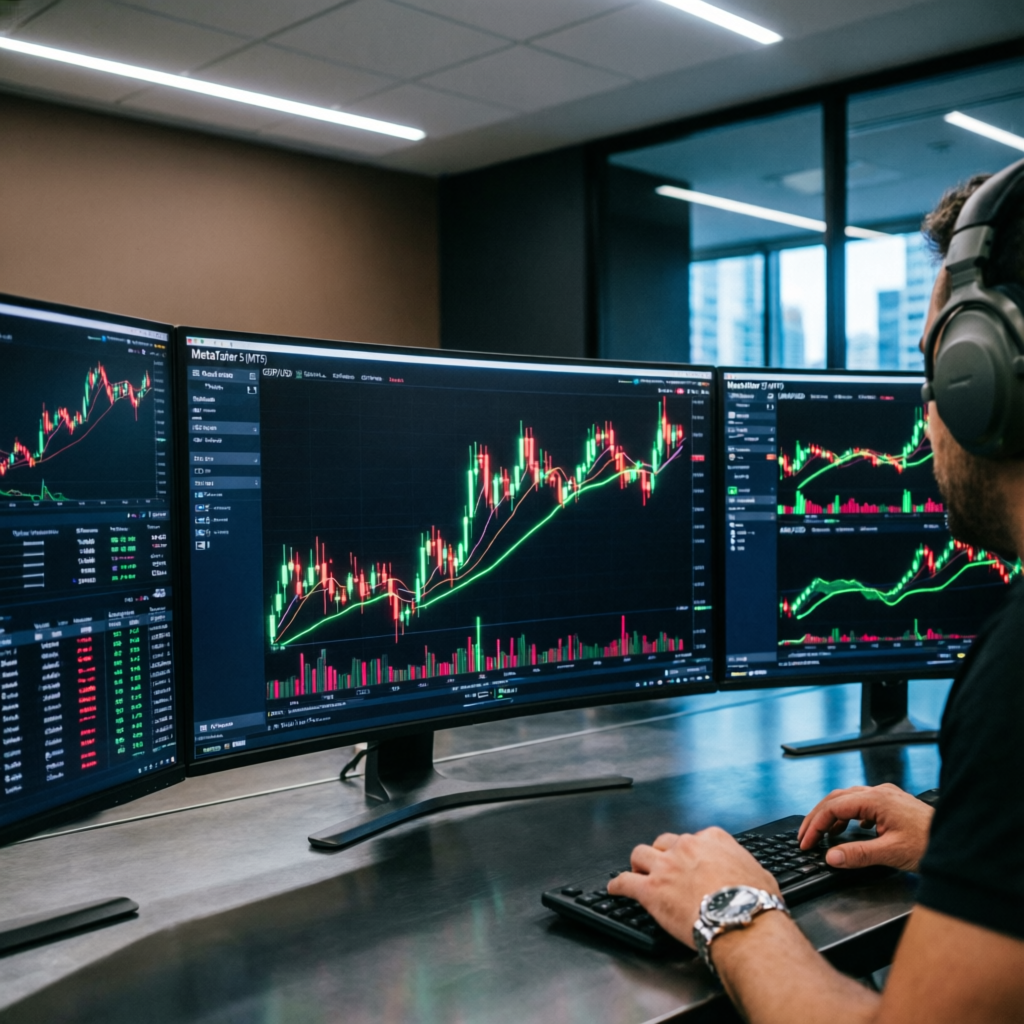Professional forex trading dashboard with candlestick charts and MT5 platform