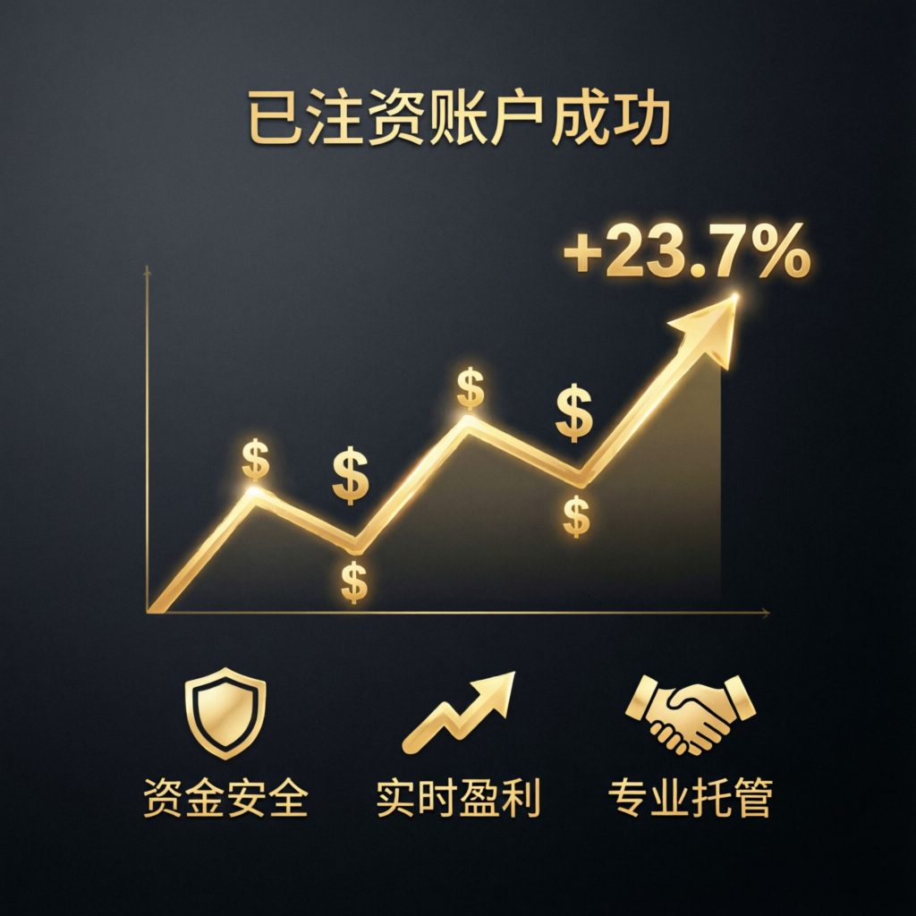 Funded account success chart showing +23.7% profit growth with gold dollar signs