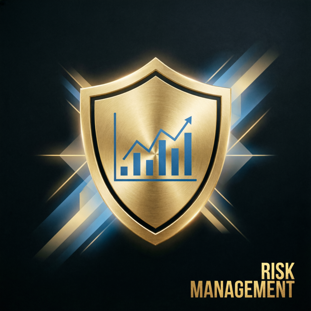 Risk management gold shield with financial growth chart