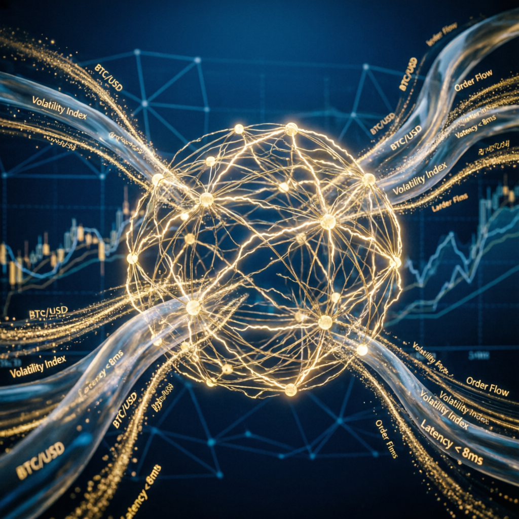 Futuristic trading algorithm visualization with neural network data streams