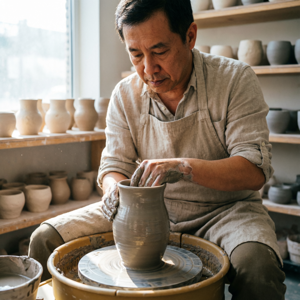 Artisan potter at wheel