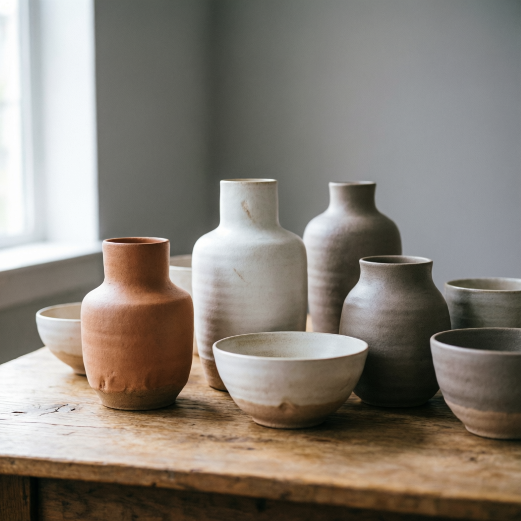 Handmade ceramic vases and bowls on rustic wooden table