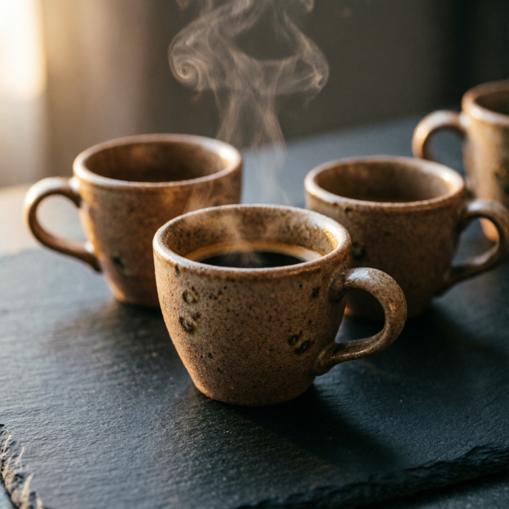 Earthy espresso cups with steam