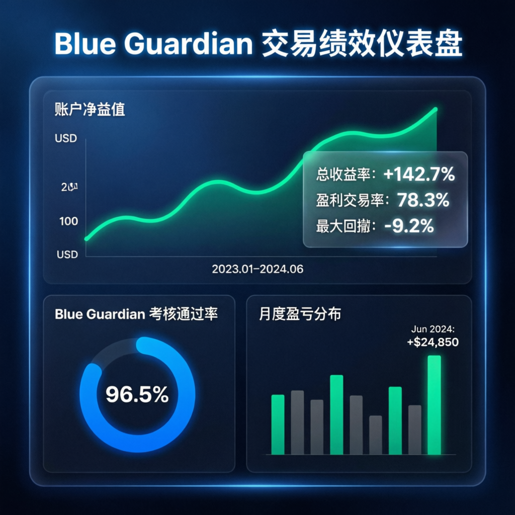 Blue Guardian trading performance dashboard by PFM Capitals showing verified results
