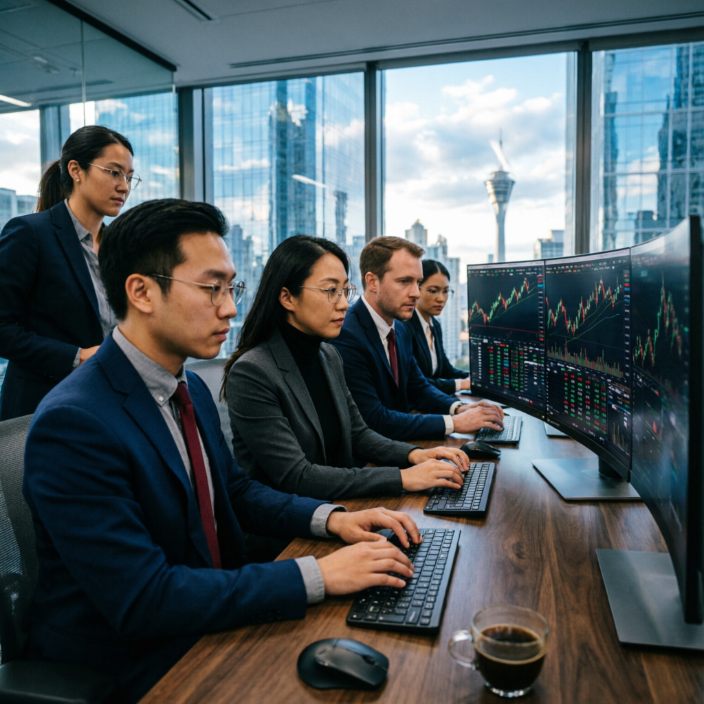 Professional traders in modern office environment