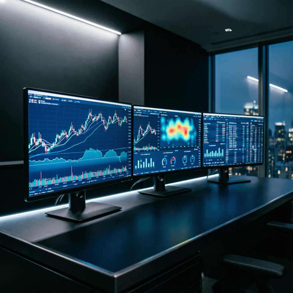 Professional trading desk with multiple monitors showing financial charts